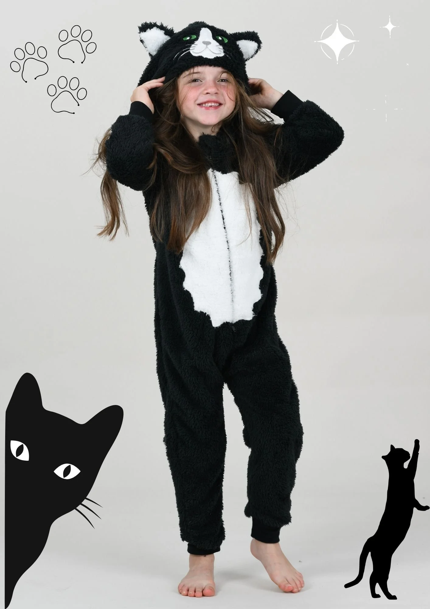 Black and White Cat with Tail Children s Onesies Animal and Gamer All in One Costumes by Wunsy